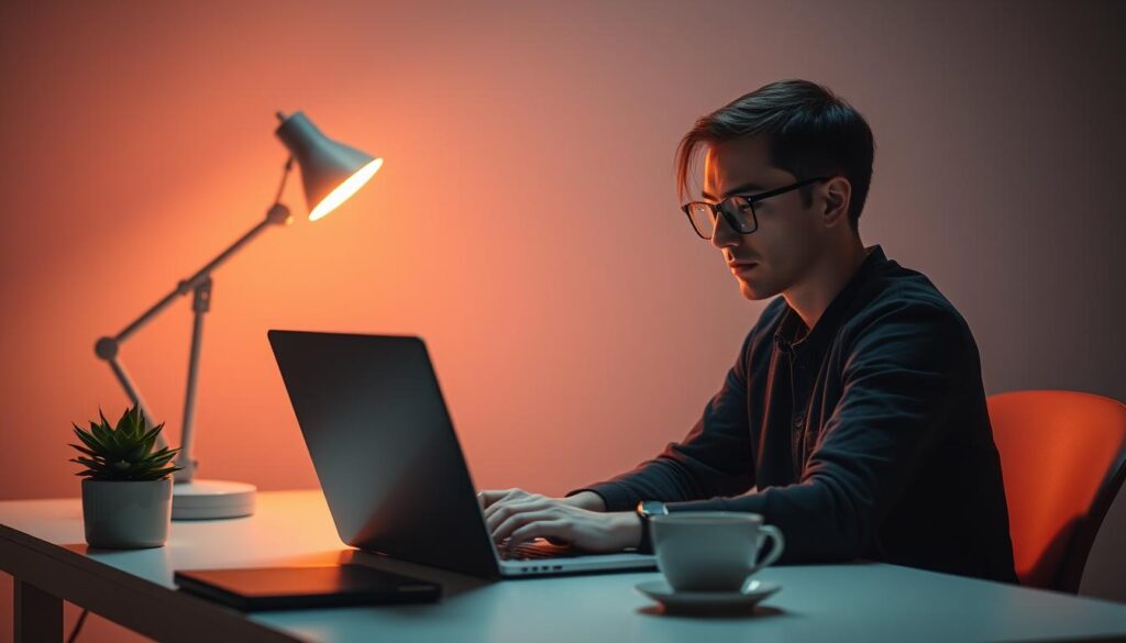A focused individual sits at a minimalist desk, intently working on a laptop while a digital timer ticks down the Pomodoro technique's characteristic 25-minute intervals. The scene is bathed in warm, diffused lighting, creating a serene, productive atmosphere. The desk is adorned with a succulent plant and a cup of coffee, hinting at the balanced, intentional approach to work. The background is blurred, directing attention to the central figure and their task at hand. The overall composition conveys the adaptive, customizable nature of the Pomodoro method, allowing the user to tailor it to their unique needs and environment. A focused individual sits at a minimalist desk, intently working on a laptop while a digital timer ticks down the Pomodoro technique's characteristic 25-minute intervals. The scene is bathed in warm, diffused lighting, creating a serene, productive atmosphere. The desk is adorned with a succulent plant and a cup of coffee, hinting at the balanced, intentional approach to work. The background is blurred, directing attention to the central figure and their task at hand. The overall composition conveys the adaptive, customizable nature of the Pomodoro method, allowing the user to tailor it to their unique needs and environment.