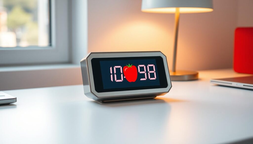 A sleek, modern digital timer on a minimalist white desk, with a bright red pomodoro tomato icon prominently displayed on the screen. Soft, diffused lighting from a window or lamp casts a warm glow, highlighting the timer's clean, geometric design. The frame is made of polished metal, perhaps brushed silver or gold, exuding a sense of precision and focus. The background is subtly blurred, keeping the timer as the central, attention-grabbing element. The overall mood is one of calm concentration, reflecting the Pomodoro Technique's principles of structured work intervals and mindful breaks. A sleek, modern digital timer on a minimalist white desk, with a bright red pomodoro tomato icon prominently displayed on the screen. Soft, diffused lighting from a window or lamp casts a warm glow, highlighting the timer's clean, geometric design. The frame is made of polished metal, perhaps brushed silver or gold, exuding a sense of precision and focus. The background is subtly blurred, keeping the timer as the central, attention-grabbing element. The overall mood is one of calm concentration, reflecting the Pomodoro Technique's principles of structured work intervals and mindful breaks.
