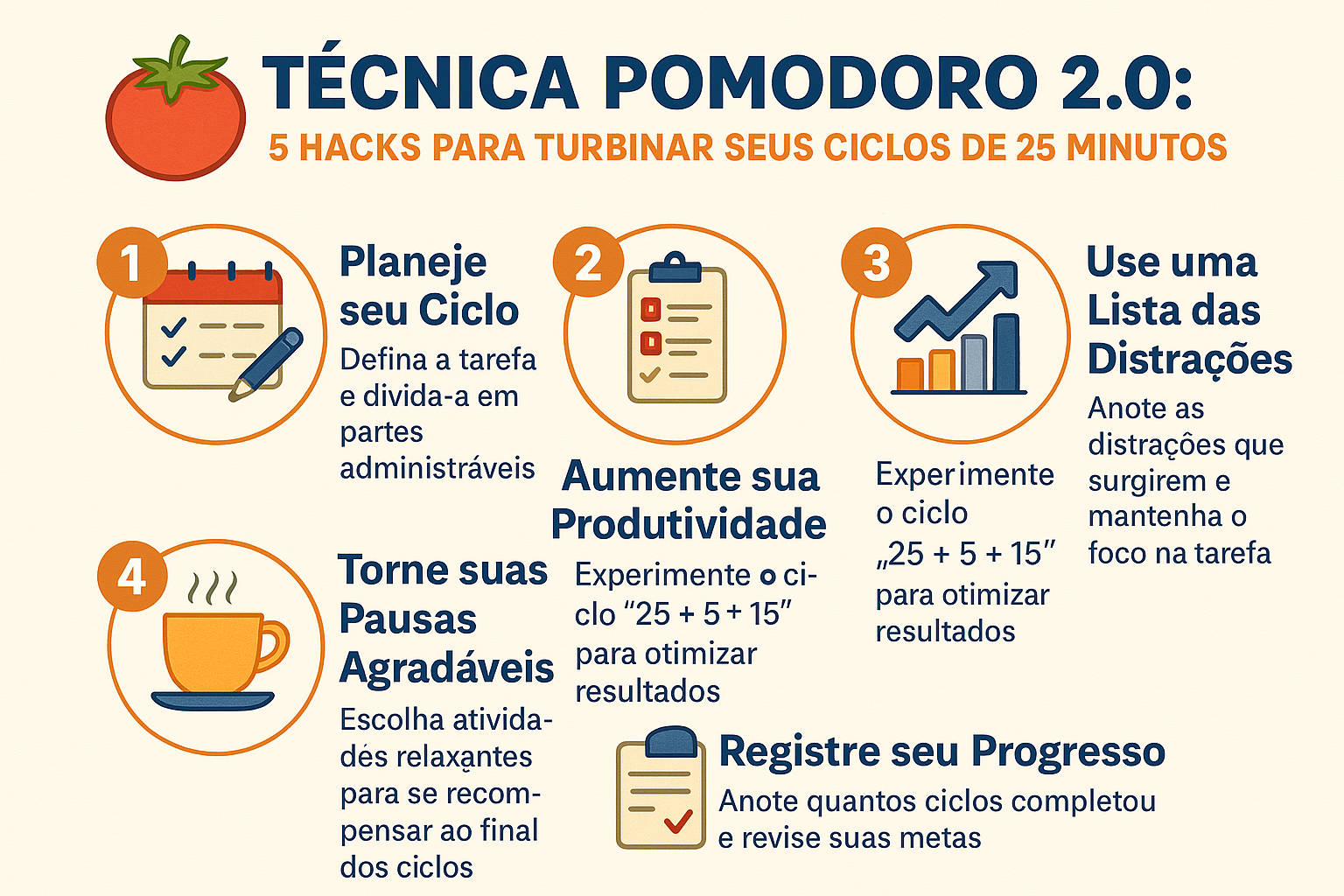 Infográfico com os 5 hacks da Técnica Pomodoro 2.0: respiração 4-7-8, apps com gamificação, microtarefas, temas alternados e ancoragem emocional.
