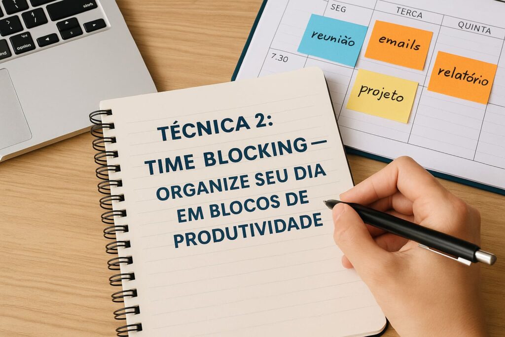 Caderno com a frase "Técnica 2: Time Blocking — Organize seu dia em blocos de produtividade", ao lado de planner com post-its coloridos e laptop sobre a mesa.