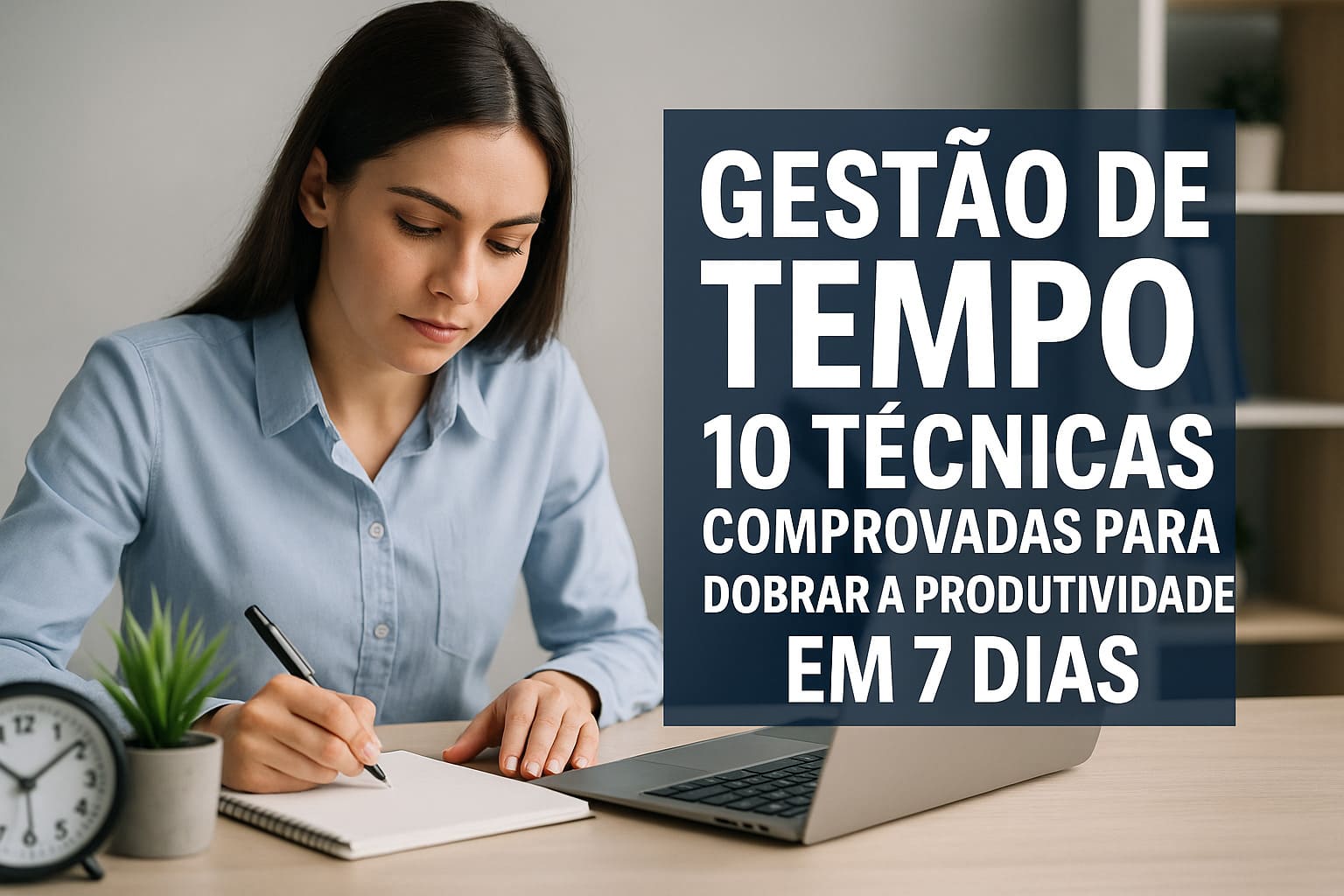 Mulher escrevendo em caderno ao lado de notebook e relógio, simbolizando técnicas de gestão de tempo para aumentar a produtividade em 7 dias